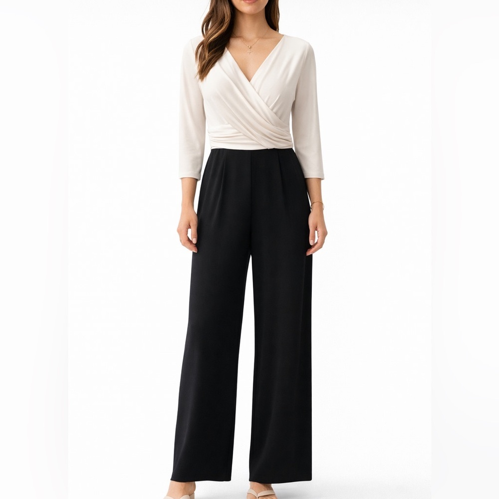 Lauren Ralph Lauren Black Ivory Wide Leg Jumpsuit Faux Wrap Stretch Size 4